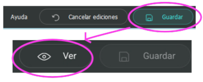 Captura a dos partes. Parte remera muestra la sección dónde se encuentra el botón guardar junto a cancelar ediciones y la ayuda. Parte segunda muestra la sección que aparece luego de guardar y con el botón de ver.