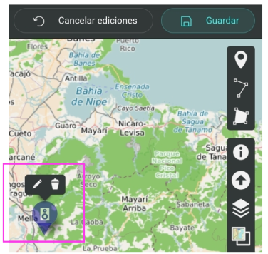 Captura de un fragmento del mapa con los elementos editables del lado derecho, y dentro del mapa un punto seleccionado en el modo edición.