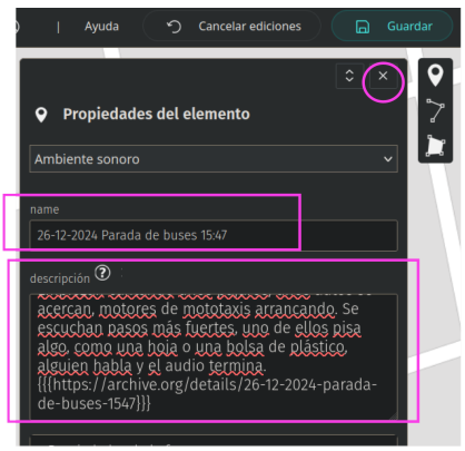 Captura de pantalla de la ventana de propiedades del punto como elemento, muestra arriba el nombre de la capa Abiente sonoro y debajo nombre y descripción dl punto.